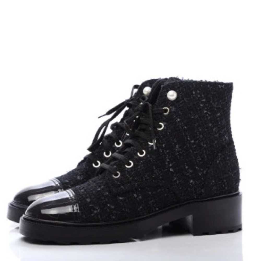 Chanel Tweed Pearl lace up Boots